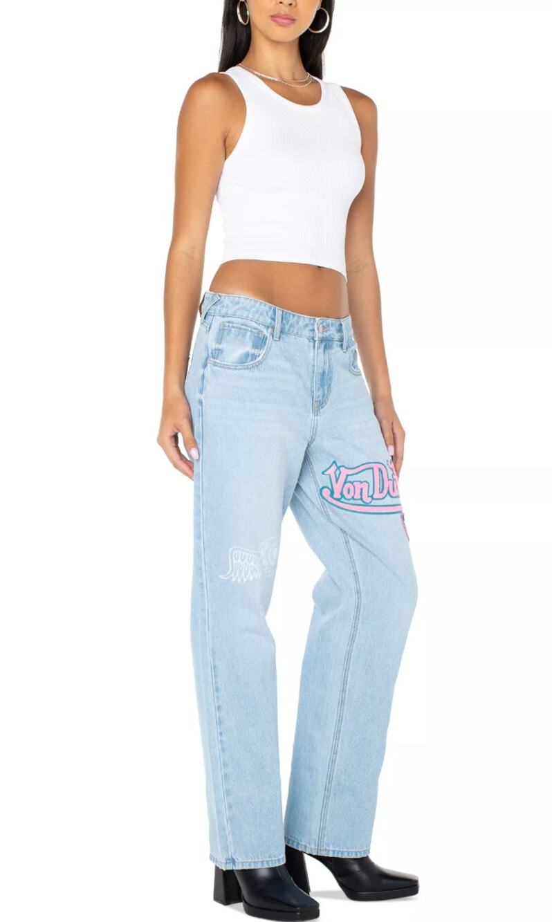 Von Dutch Patched Low-Rise Cotton Straight-Leg Denim Jeans Light Blue 24
